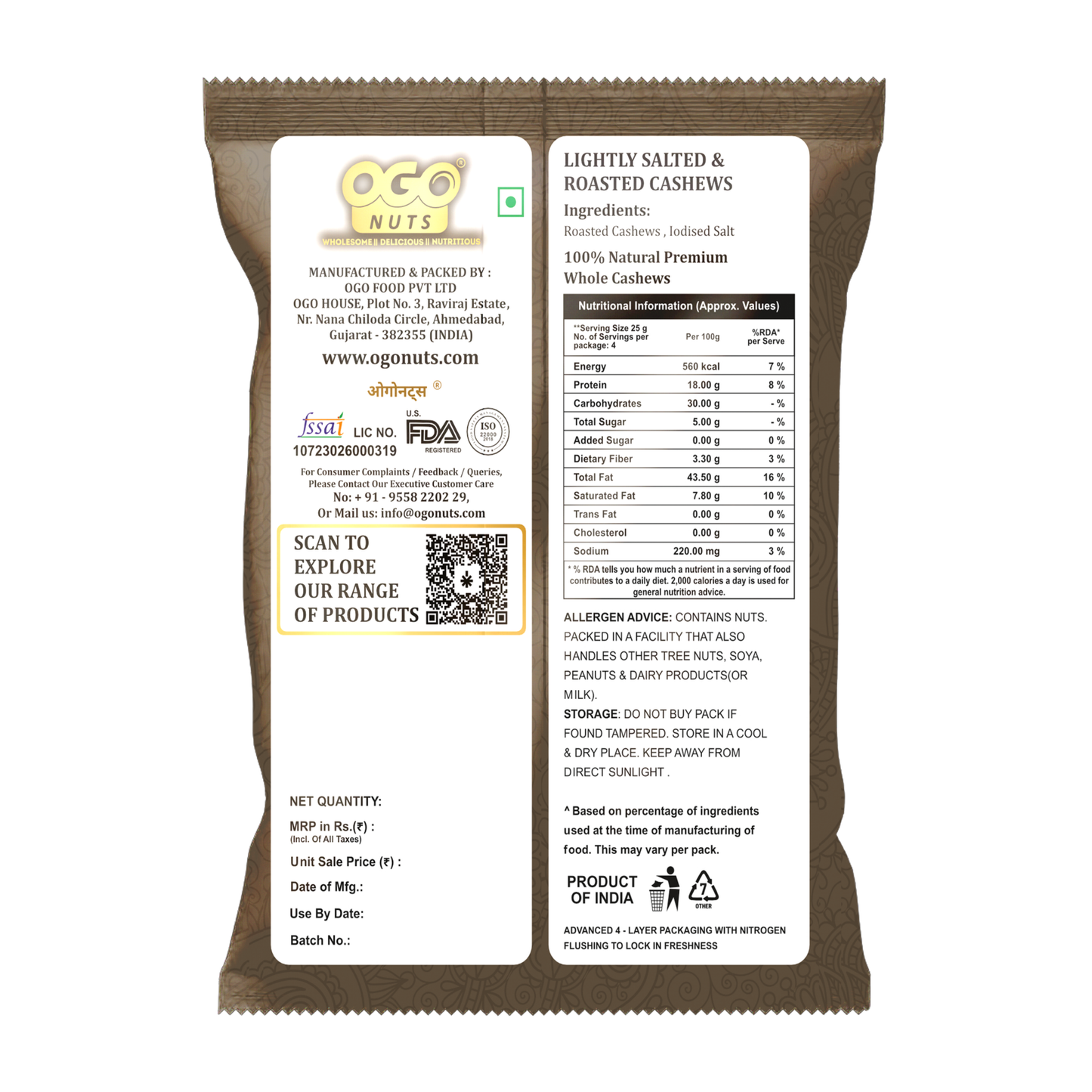 Roasted & Lightly Salted Cashews 30g (PACK OF 6)