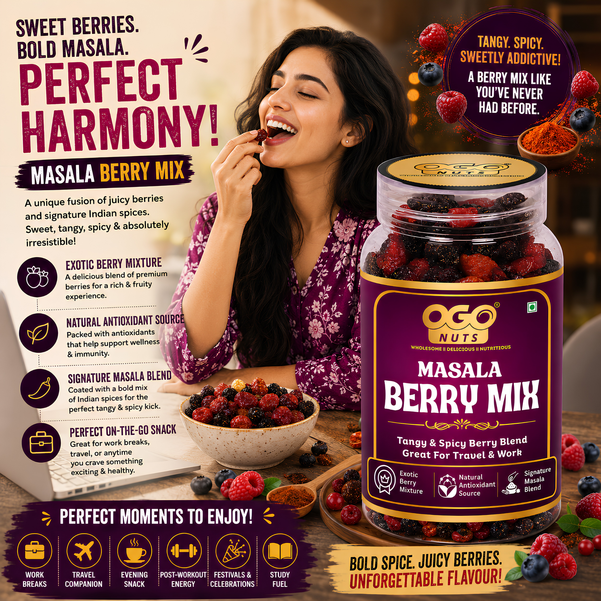 berryページ Masala Berry Mix | Sweet Tangy Spicy Antioxidant Snack 200g Jar